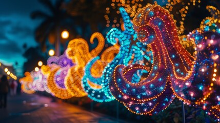 Obraz premium Gigantic floats adorned with sequins and LED lights glide through the night