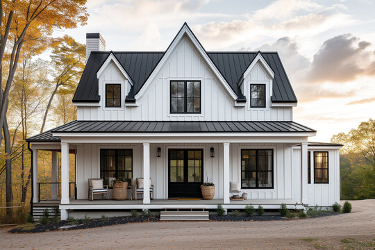 A black and white luxury modern farmhouse with home board and batten siding, a covered front porch, and a sunset in the background.