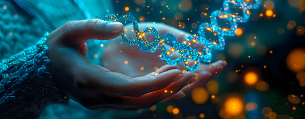 A hand picking up a virtual strand of DNA. Concept of science, genetics and genomics. - obrazy, fototapety, plakaty