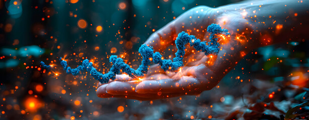 A hand picking up a virtual strand of DNA. Concept of science, genetics and genomics. - obrazy, fototapety, plakaty