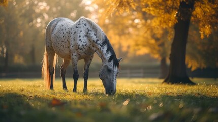 A speckled Appaloosa horse grazes beneath a canopy of dappled sunlight - obrazy, fototapety, plakaty