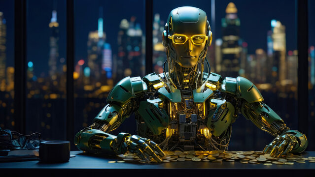 humanoid robot using a thinking brain sitting in his office counting a mountain of gold coins on the desk