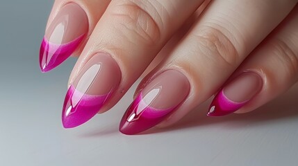 Fuchsia Flair: One-Handed Nail Art with Trending Elegance. Modern Muse: Single Hand Showcases Stunning Fuchsia & Beige Nails.