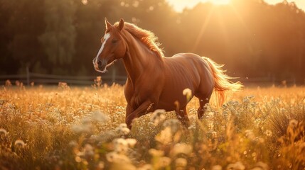 A chestnut mare exudes elegance as she trots through a sun-kissed meadow