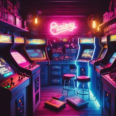 Neon lights, vintage arcade machines, and a collection of classic video game cartridges, high quality, hd, 4k
