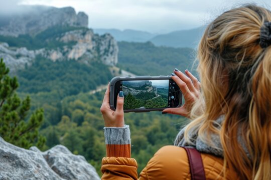 Young girl capturing horizontal picture in a mountain and nature landscape