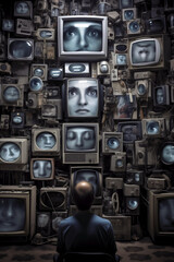 Obraz premium Surreal scene of a man in a room looking at lots of screens Generative AI