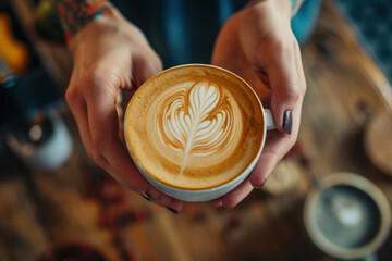 Barista presents artisanal latte with perfect foam art. Coffee culture and craftsmanship.