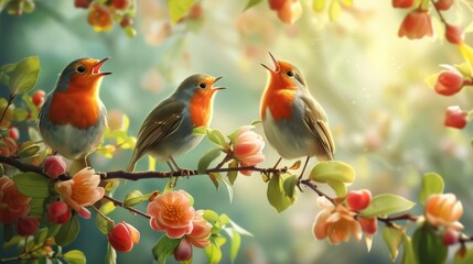 cute birds i with microphone on the tree singing songs.,spring concept