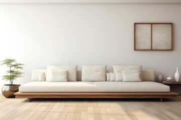 Fototapeta na wymiar A white couch sits on top of a wooden floor in a simple and minimalistic setting.