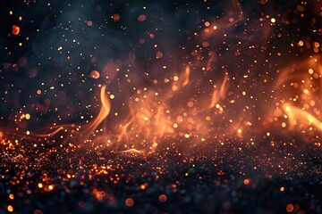 Fototapeta na wymiar Background with fire sparks, embers and smoke. Overlay effect of burn coal, grill, hell or bonfire with flame glow, flying orange sparkles and fog on black background, vector realistic illustration