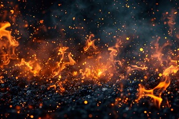 Fototapeta na wymiar Background with fire sparks, embers and smoke. Overlay effect of burn coal, grill, hell or bonfire with flame glow, flying orange sparkles and fog on black background, vector realistic illustration