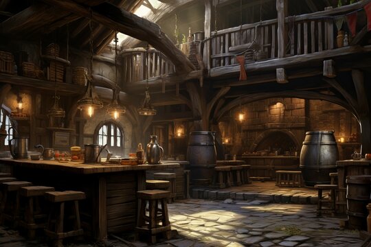 Weathered Medieval tavern exterior. Old pub bar. Generate Ai