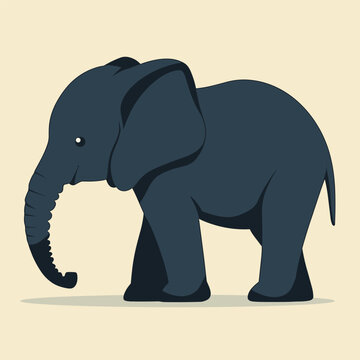 A cartoon elephant with big trunk is walking. The elephant is black and . Layered vector illustration isolated on light beige background