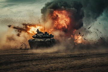 Military tank in action with explosion and debris. Warfare and conflict.
