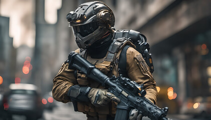 Fototapeta premium a futuristic soldier in the city