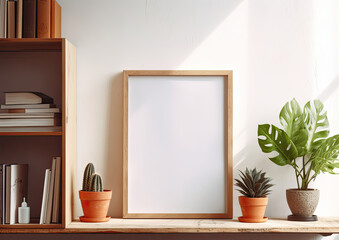 Picture Frame on Shelf Next to Potted Plant