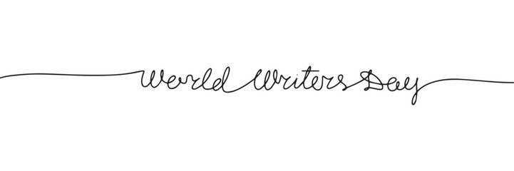 World Writers Day one line continuous text banner for holiday. Handwriting line art inscription World Writers Day. Hand drawn vector art.