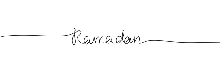 Ramadan one line continuous text banner for holiday. Handwriting line art inscription Ramadan. Hand drawn vector art. - obrazy, fototapety, plakaty