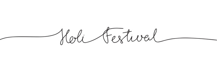 Holi Festival one line continuous text banner for holiday. Handwriting line art inscription Holi Festival. Hand drawn vector art.