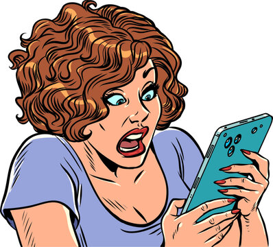 Sending notifications to customers about promotions in the store. A woman is surprised by a message on her phone. Correspondence between social network users. Pop Art Retro