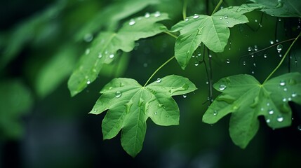 Soft raindrops tap gently on leaves, contributing to the calming rhythm of a forest 