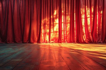Closed red curtain of stage in spotlight before show.