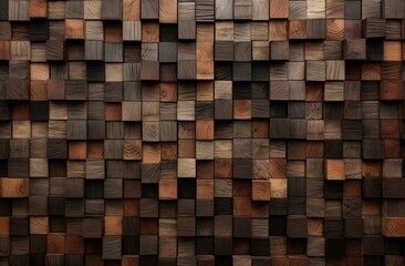 This photo captures a wooden wall composed of various wooden squares, highlighting their diverse patterns and textures.