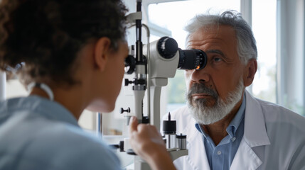 male doctor using a slit lamp to examine the eyes