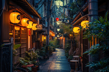 Twilight view of atmospheric alley in Japan with traditional lanterns. Travel and exploration.