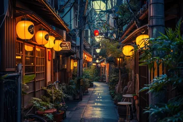 Photo sur Plexiglas Ruelle étroite Twilight view of atmospheric alley in Japan with traditional lanterns. Travel and exploration.