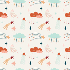 Cute bohemian baby seamless pattern with clouds, stars, rainbows. Vector pattern in boho style