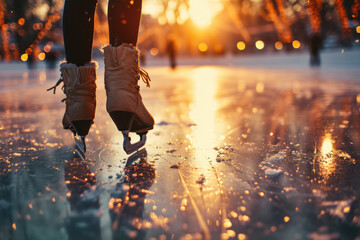 Ice skating at sunset on frozen pond in winter. Seasonal outdoor activity.