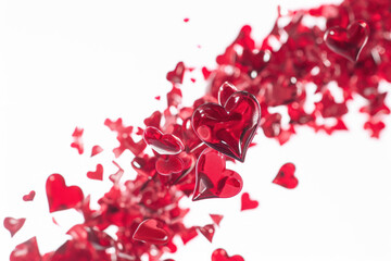 Valentine's Day celebration with red heart confetti. Festive and holiday background.