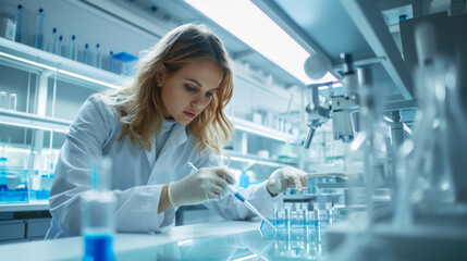 Fototapeta na wymiar focused female scientist is pipetting a blue liquid into test tubes in a laboratory