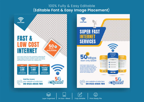 Editable Internet Broadband print ready promotional flyer or poster set or Internet package offer price brochure cover bundle, a4 size leaflet template pack design