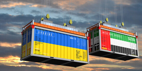 Shipping containers with flags of Ukraine and United Arab Emirates - 3D illustration
