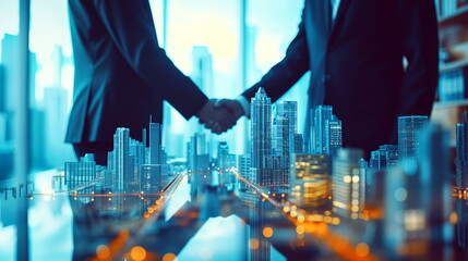 Business handshake with a city skyline reflection, representing corporate agreements and urban business opportunities - obrazy, fototapety, plakaty
