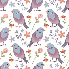 Vector pattern illustration, spring , summer bird ,colorful with flower elements on white background