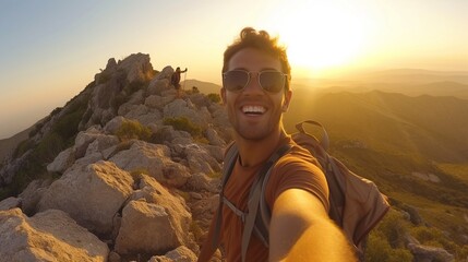 Handsome hiker taking a selfie hiking a mountain using his smartphone