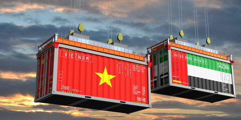 Shipping containers with flags of Vietnam and United Arab Emirates - 3D illustration