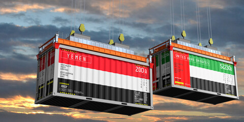 Shipping containers with flags of Yemen and United Arab Emirates - 3D illustration