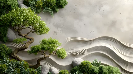 Badezimmer Foto Rückwand Steine im Sand An abstract background drawing inspiration from the serene minimalism of a Zen garden, featuring smooth stone patterns, raked sand textures, and sparse greenery.