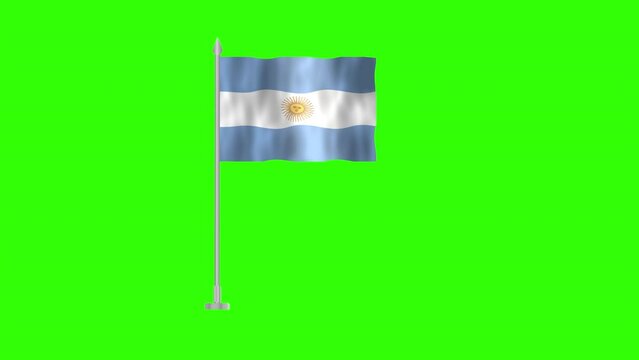 Flag of Argentina, Pole flag of Argentina on Green screen chroma key, Argentina 3D Animation flag waving in the wind isolated on Green Background.