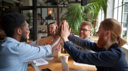 Business people, teamwork or high five of hands for support, success or solidarity of victory, synergy or winner. Happy group, collaboration or celebrate achievement of deal, integration or agreement - obrazy, fototapety, plakaty