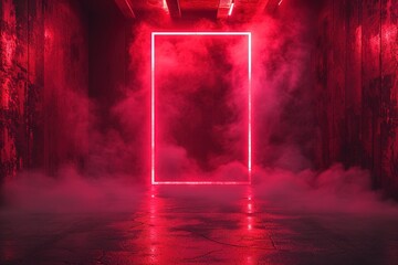 Empty scene background. Dark background of empty room, neon red light, concrete floor, smoke