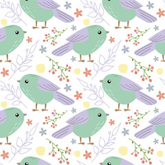 Vector pattern illustration, spring , summer bird ,colorful with flower elements on white background
