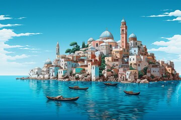 Mediterranean city sea. Sea tourism campania. Generate Ai - obrazy, fototapety, plakaty