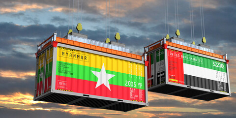 Shipping containers with flags of Myanmar and United Arab Emirates - 3D illustration
