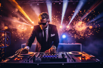 A man wearing a suit and sunglasses expertly mixes music using professional DJ equipment.